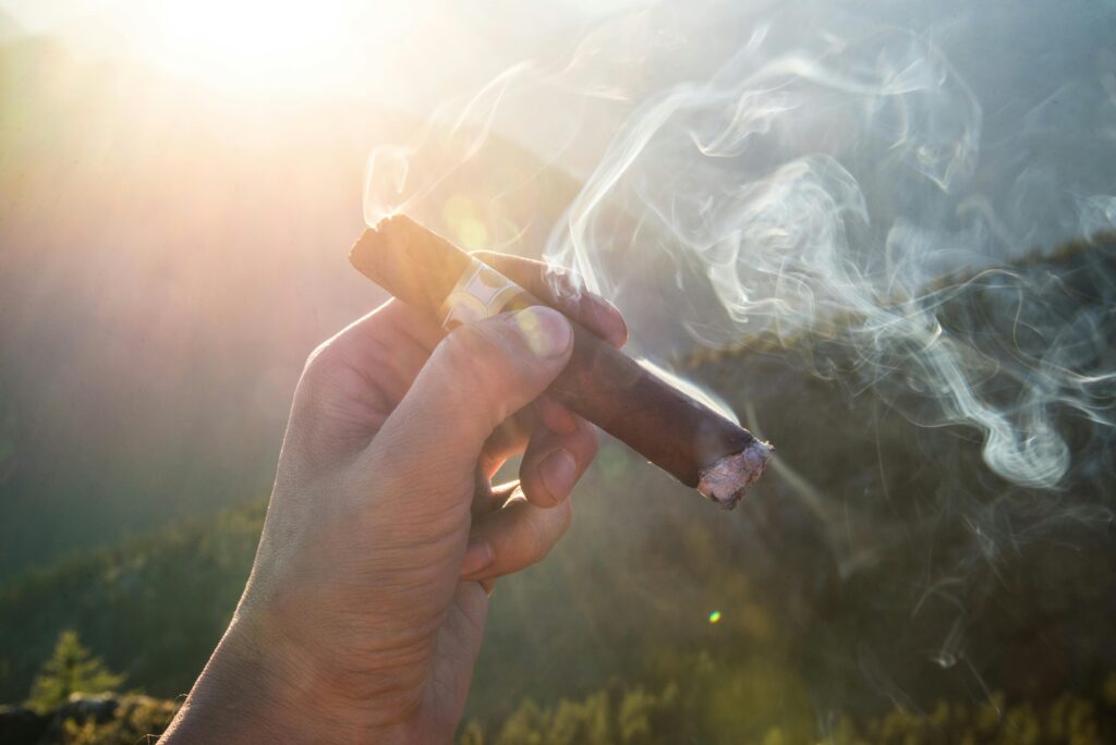 pexels-photo-15387 A close-up of a hand holding a smoking cigar against a scenic outdoor backdrop in sunlight.